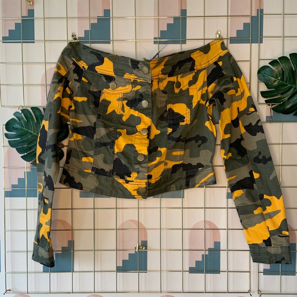 Fashion Nova Off the shoulder army jeans top